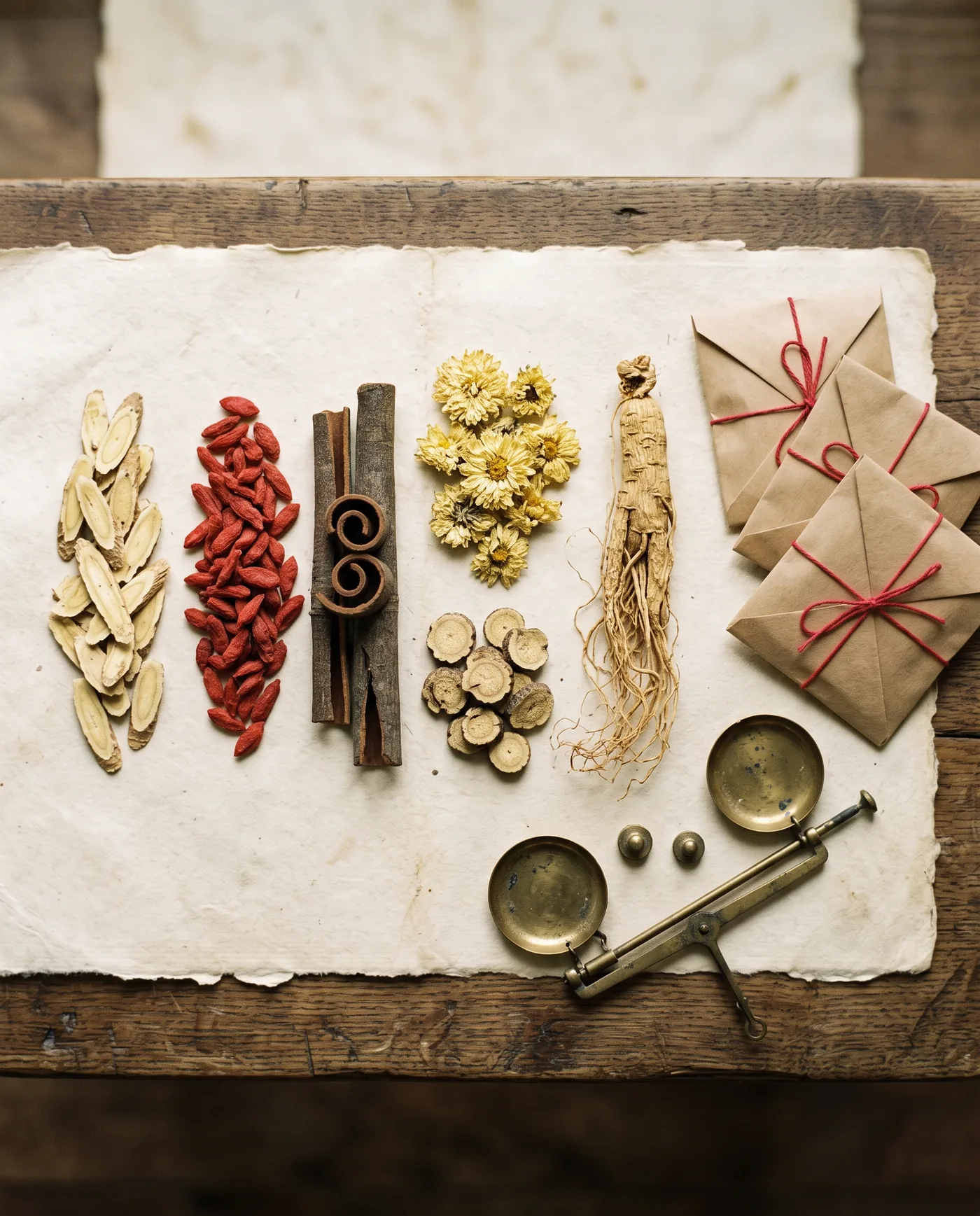 Herbs laid out on paper with a brass scale and packets tied in red string.